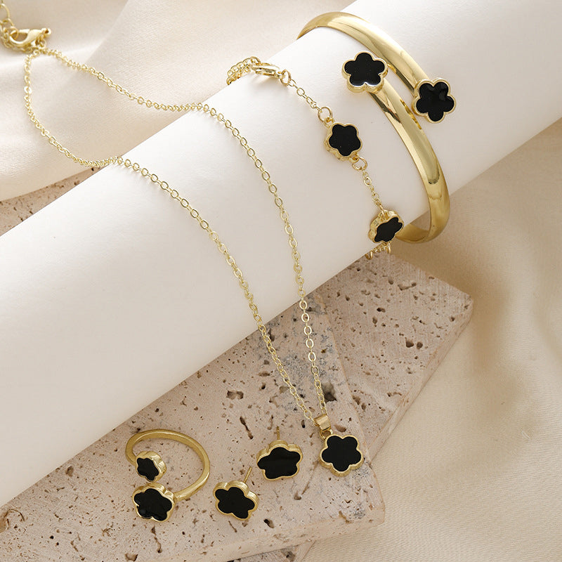 Simple Versatile Five Leaf Clover Bracelets Ring Necklace Earrings For Women